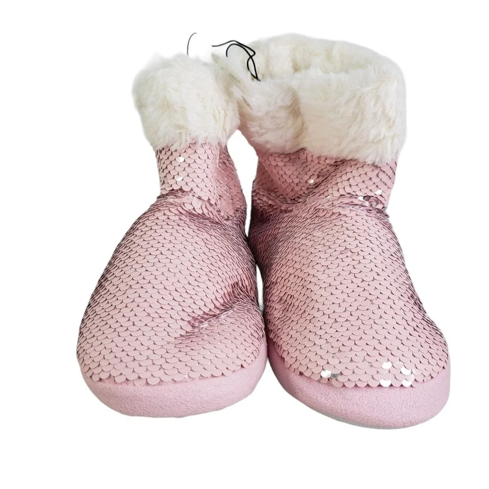 Glammer Kids Pink Reversible Sequin Boot Slippers‎ L 1/2 Cozy Plush